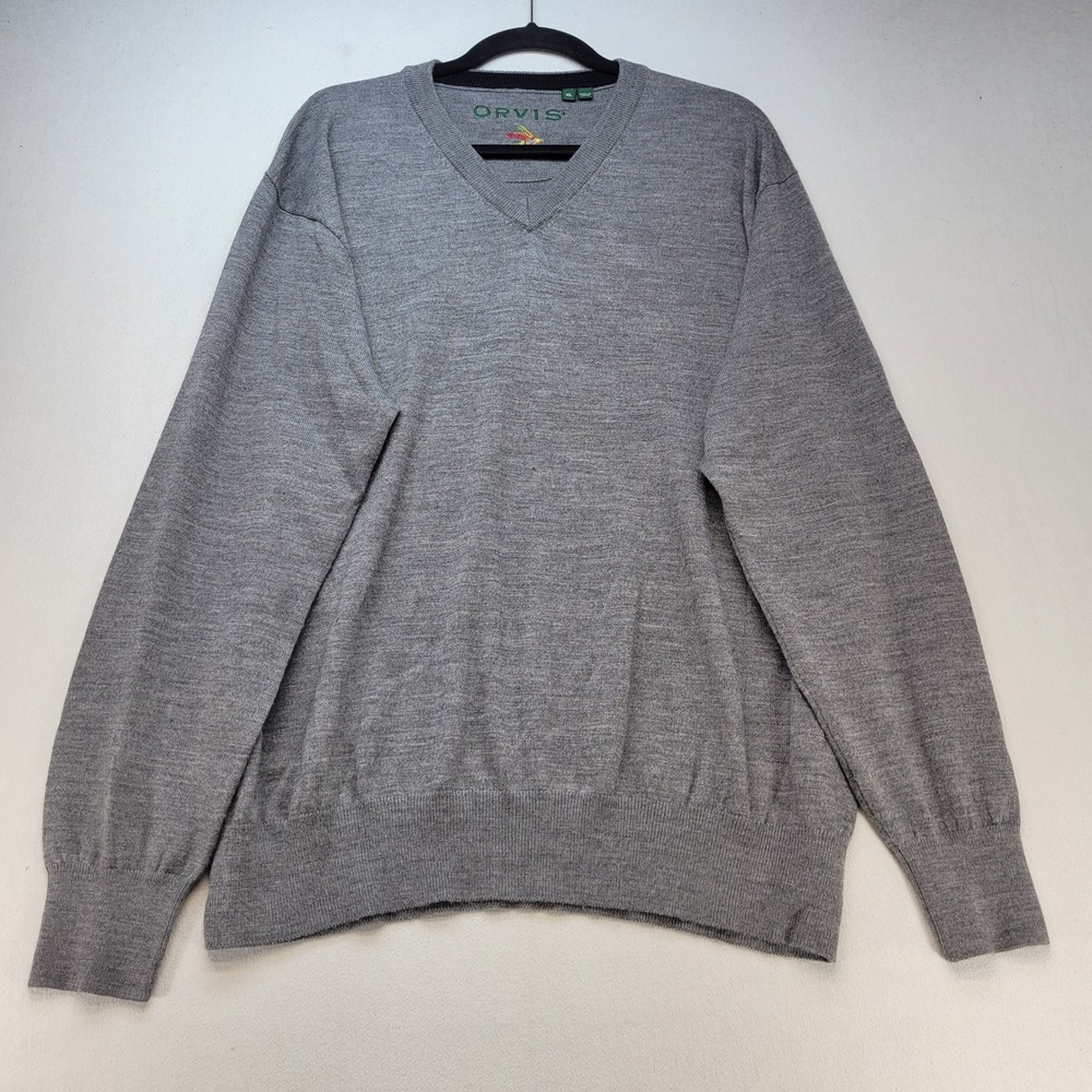 Orvis Sweater Mens XL Gray V-Neck Merino Wool Classic Logo